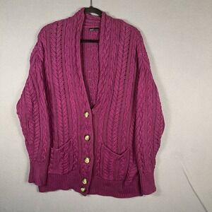 Moda International Cardigan Chunky Cable Knit V Neck Button Front Womens M Y2K
